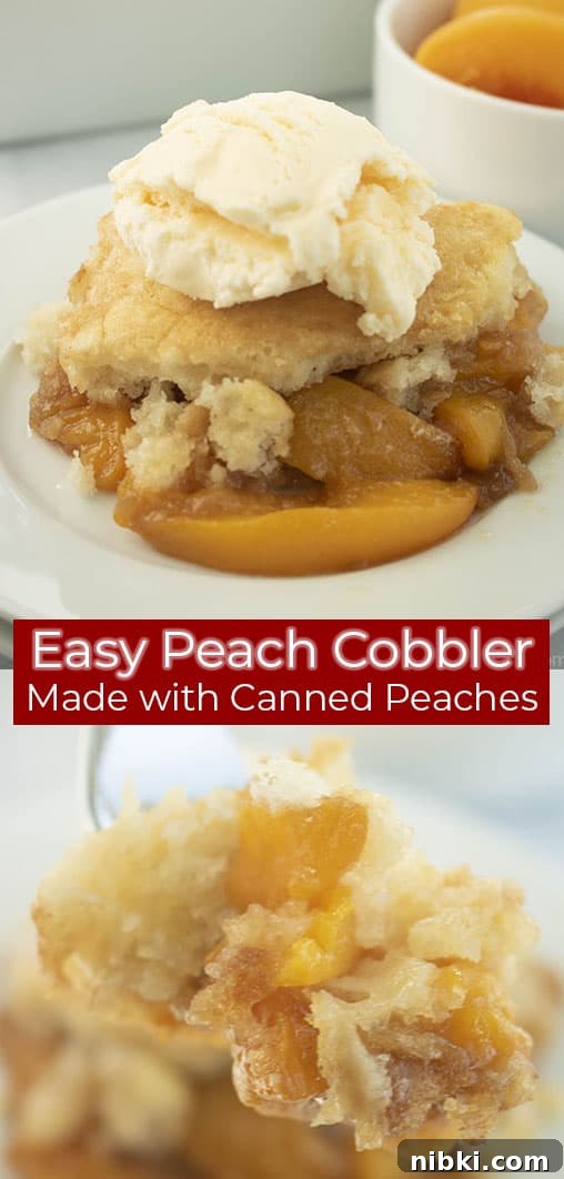 Peach Cobbler Recipe with Golden Biscuit Topping 11 Long pin text on image with easy peach cobbler