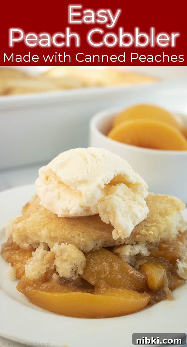 Peach Cobbler Recipe with Golden Biscuit Topping 13 Long image with peach cobbler and ice cream scoop