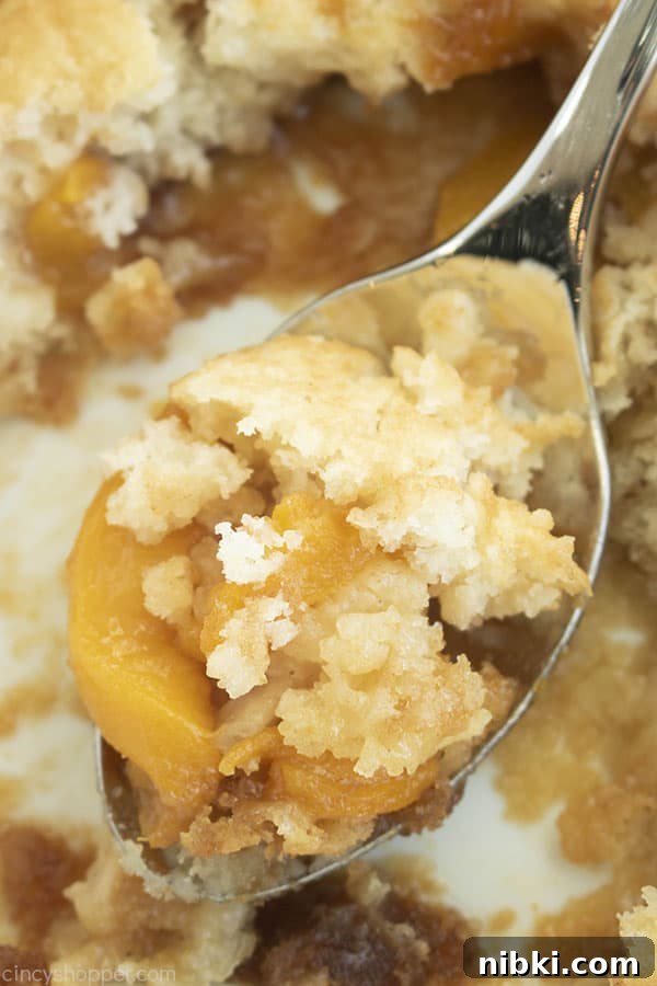 Peach Cobbler Recipe with Golden Biscuit Topping 3 Spoon with crumbly peach cobbler