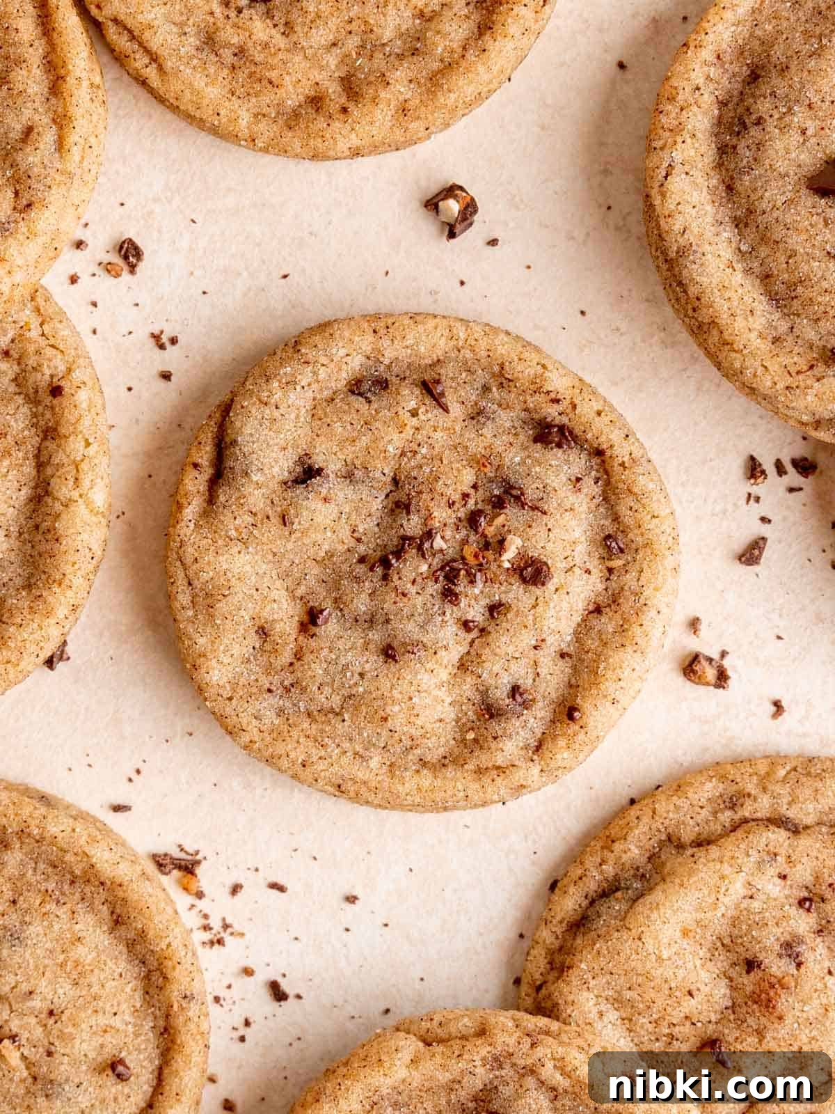 Browned Butter Snickerdoodles with Cinnamon Sugar 10 Close up of a soft snickerdoodle cookie sprinkled with chocolate toffee bar bits.