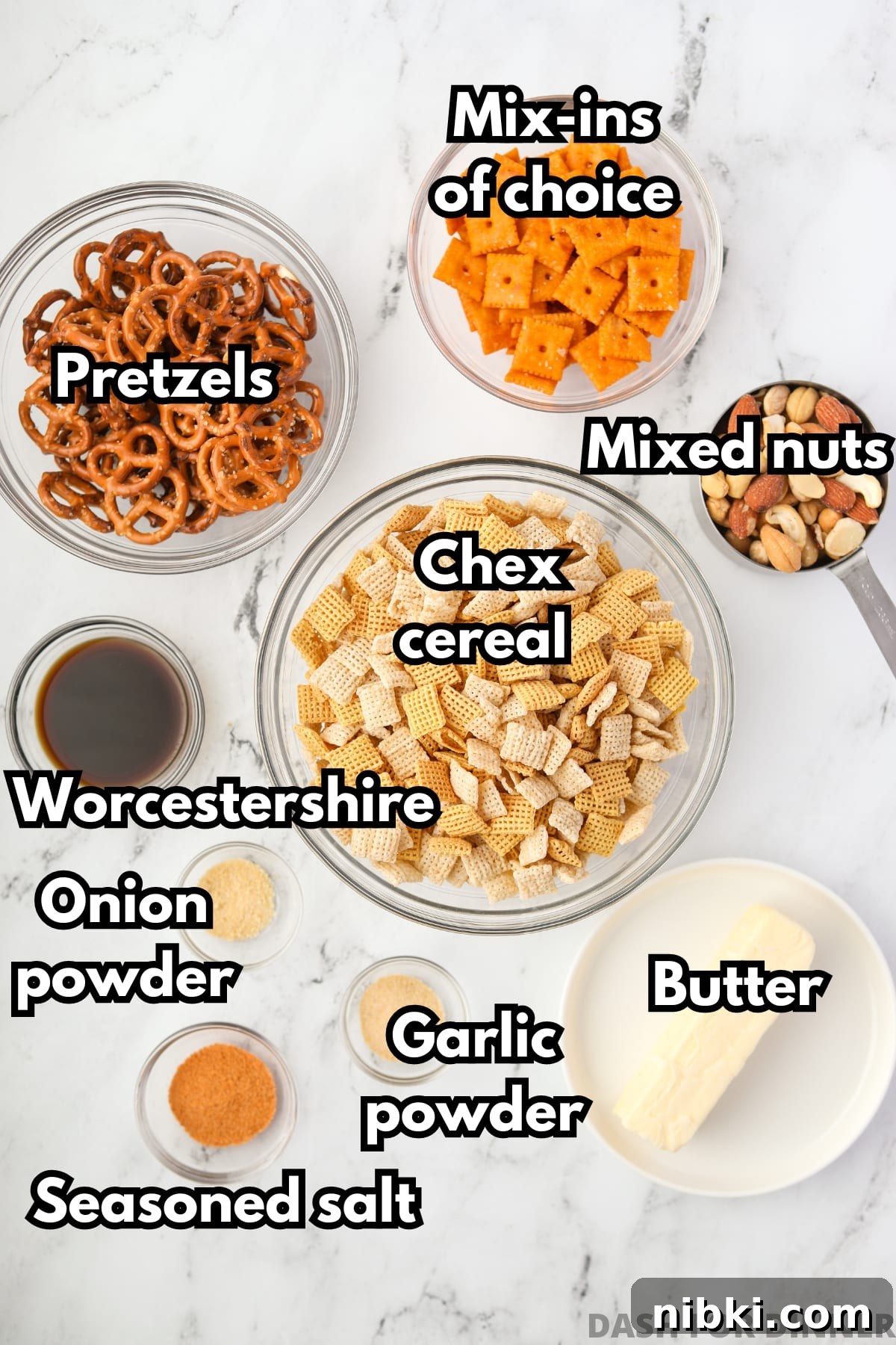 Homemade Chex Mix: Savory Snack Mix Recipe 3 The ingredients needed to make chex mix: cheese crackers, cereal, nuts, butter, worcestershire sauce, seasonings, etc.