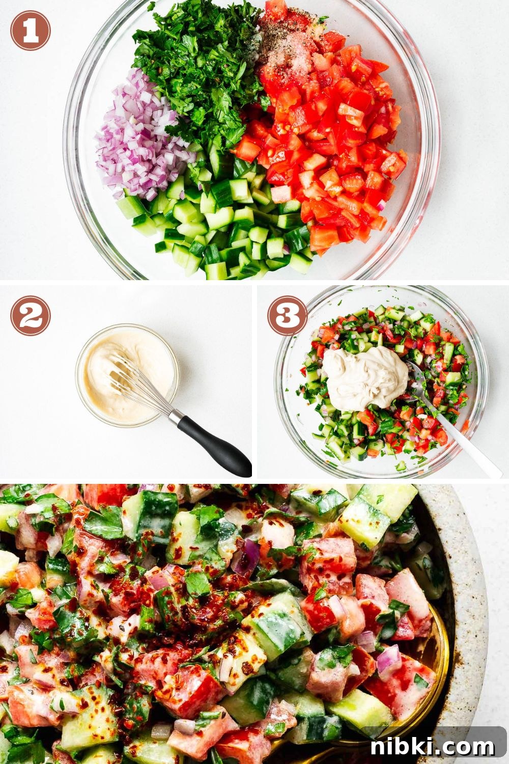 How to make tahini salad in three easy steps: prepare ingredients, make the tahini sauce and assemble the salad.