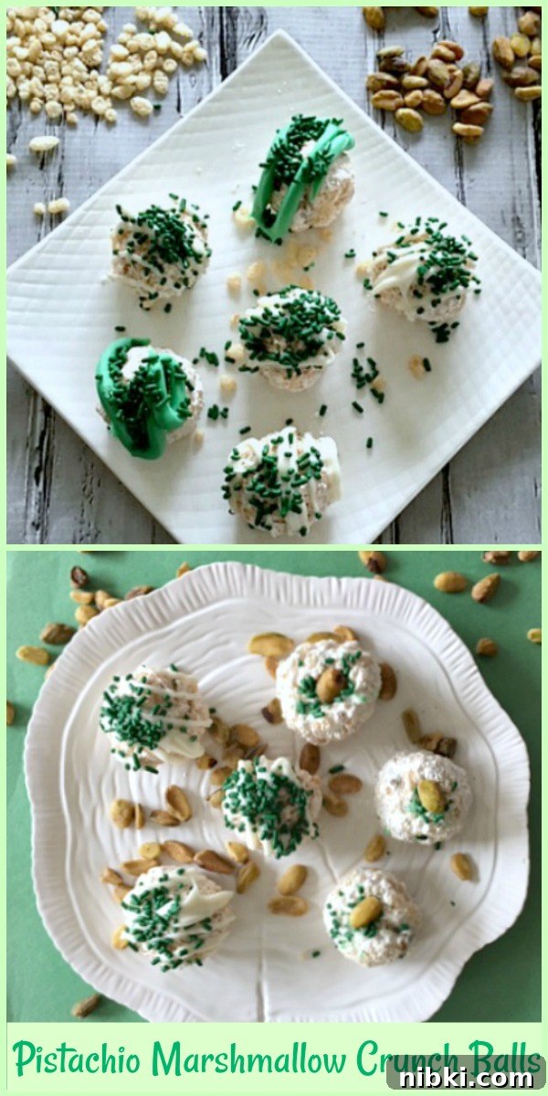 No-Bake Pistachio Marshmallow Crunch Bites 8 Pistachio marshmallow crunch balls on parchment
