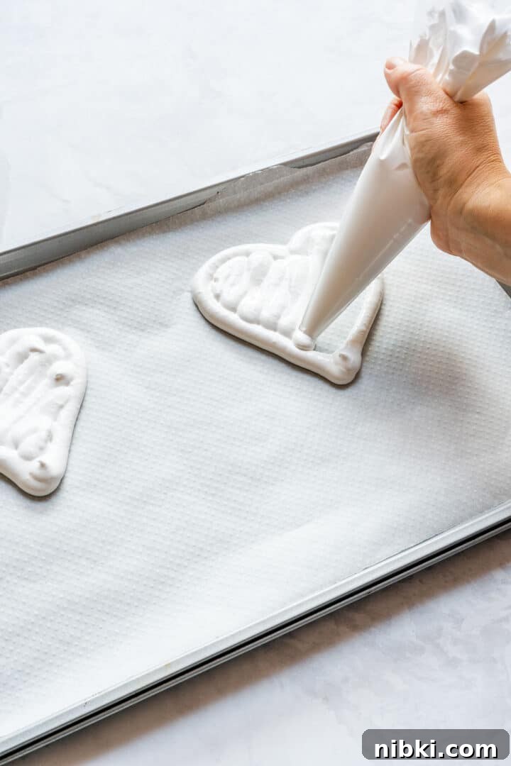 Piping meringue to fill a heart outline on parchment paper.