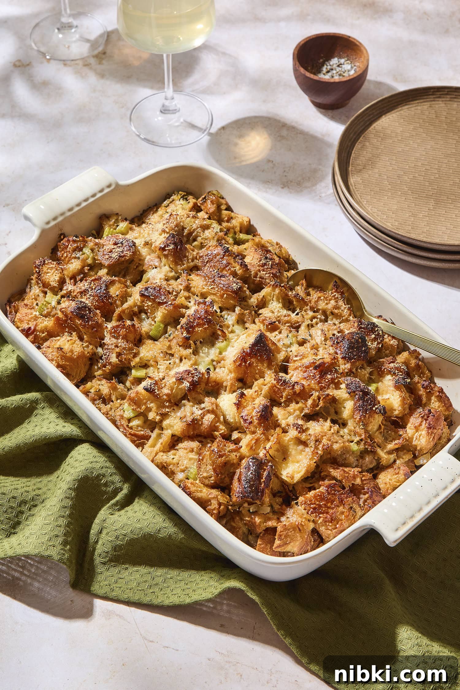 Caramelized Onion and Croissant Stuffing Recipe 3 Caramelized onion and croissant stuffing after being baked.