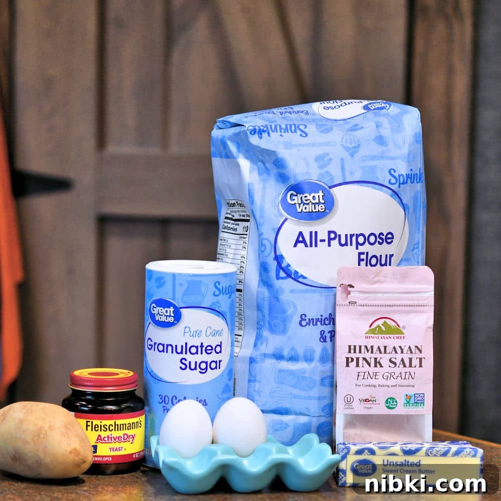 Potato Dinner Rolls: Bread Machine, Hand, or Mixer 3 ingredients for potato dinner rolls placed on a counter top
