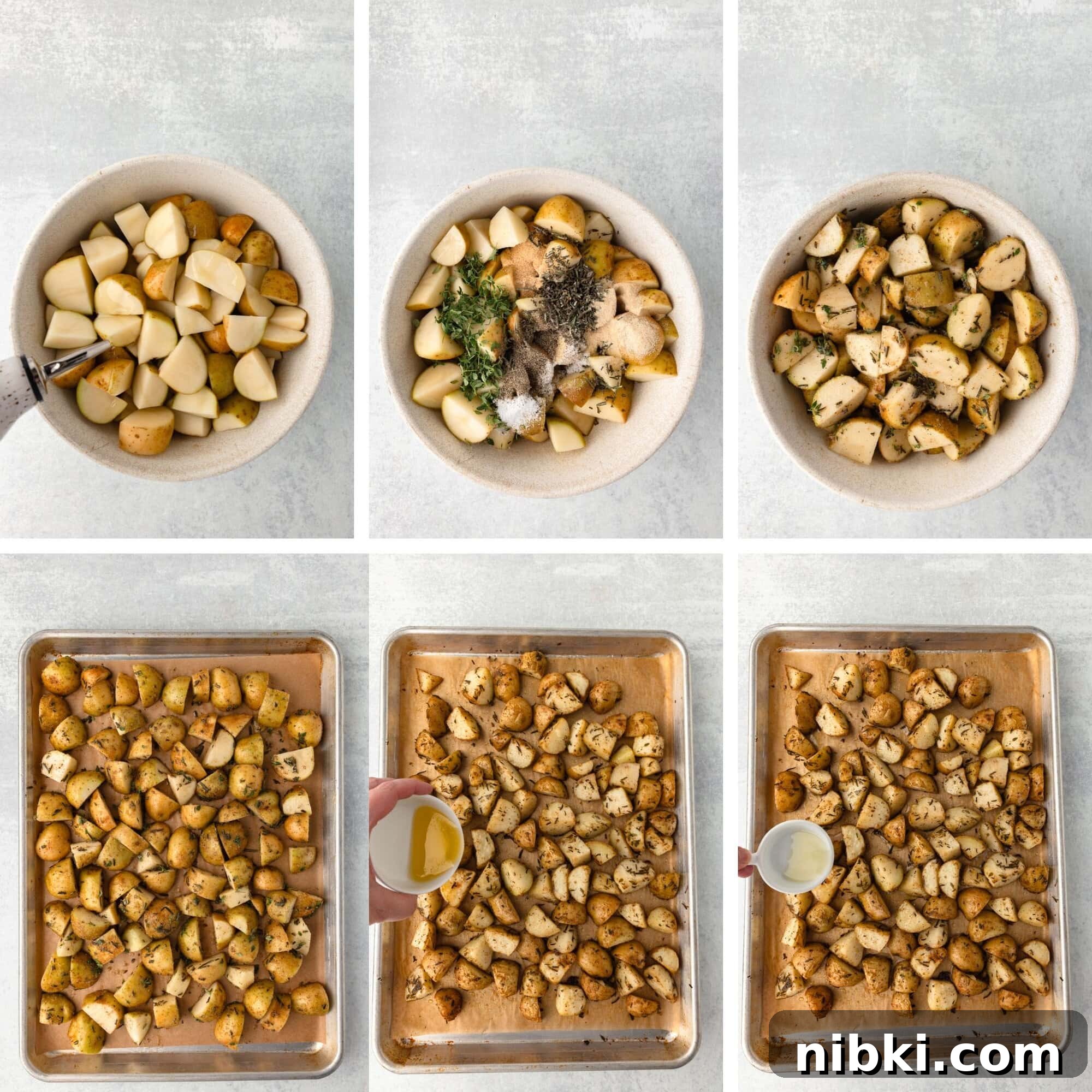 Six-panel image showing the process of preparing roasted potatoes: potatoes are chopped, mixed with herbs and seasoning, spread on baking trays, and then drizzled with a liquid, likely oil or butter, before roasting.