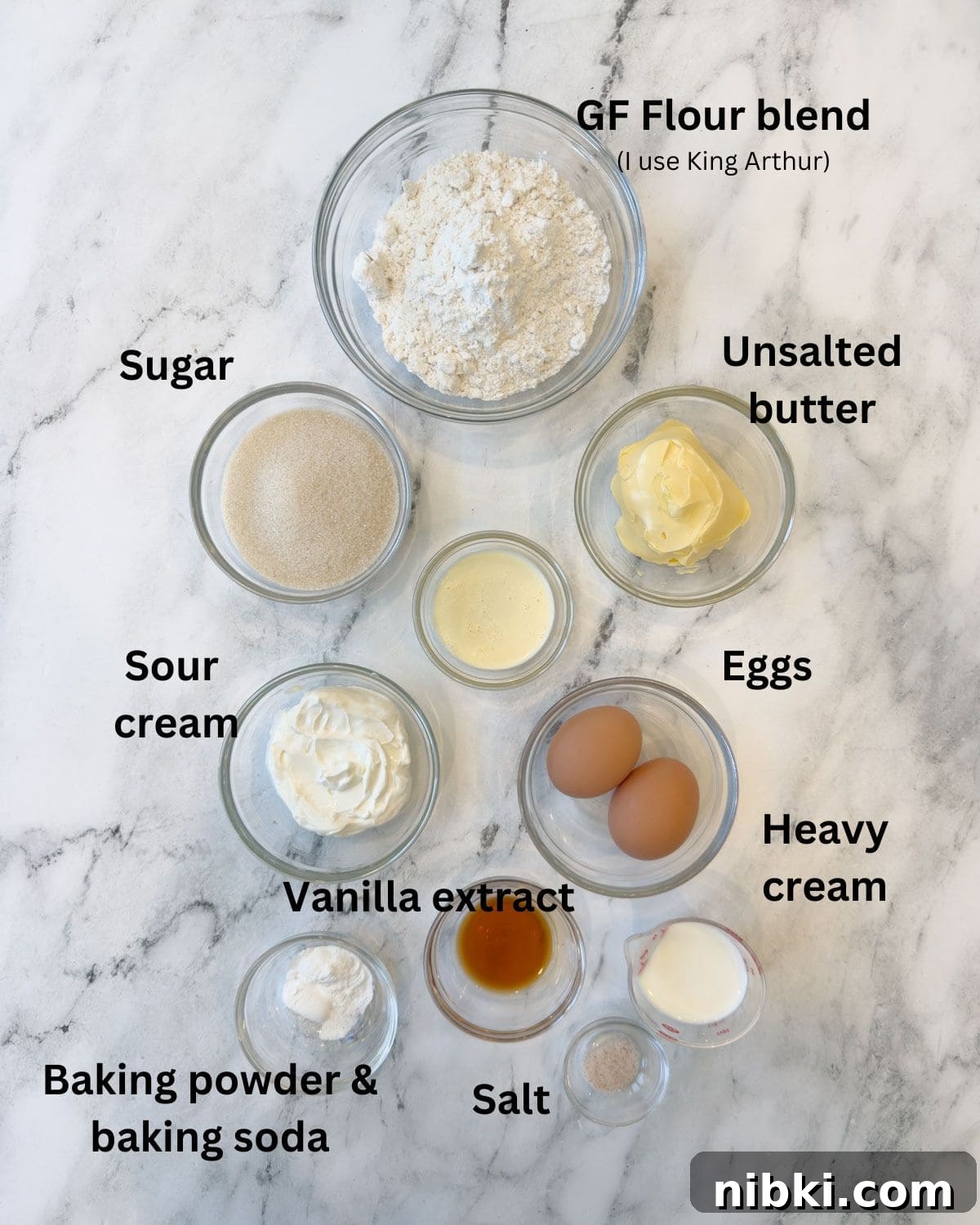 Gluten-Free Strawberry Shortcake Cake Recipe 3 Dry ingredients in prep bowls for a strawberry shortcake cake.