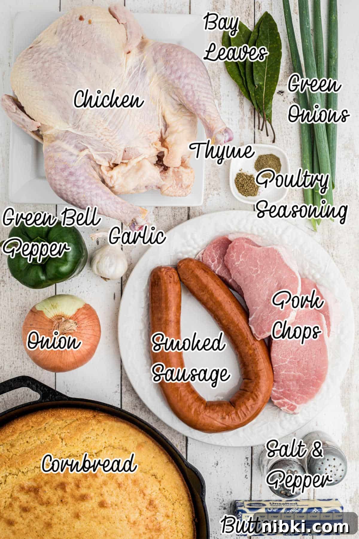 Authentic Cajun Cornbread Dressing Recipe 3 Overhead shot of ingredients needed to make a Cajun cornbread dressing recipe.