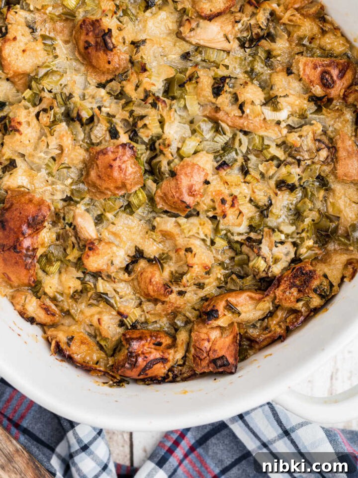 close up shot of an oyster dressing in a casserole dish.