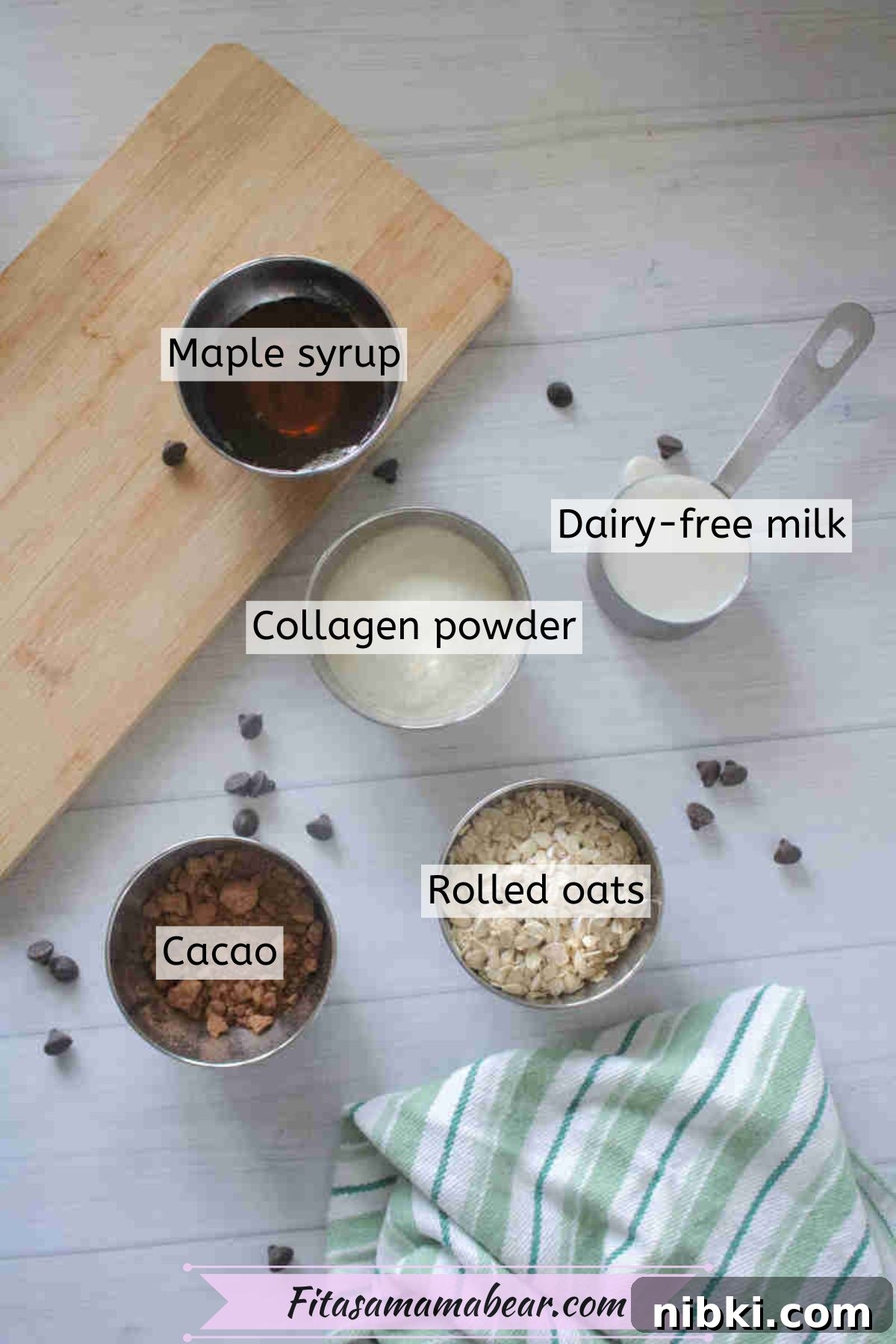 Dairy-Free High-Protein Chocolate Overnight Oats 3 Ingredients: oats, collagen, maple syrup and cacao powder in measuring cups.