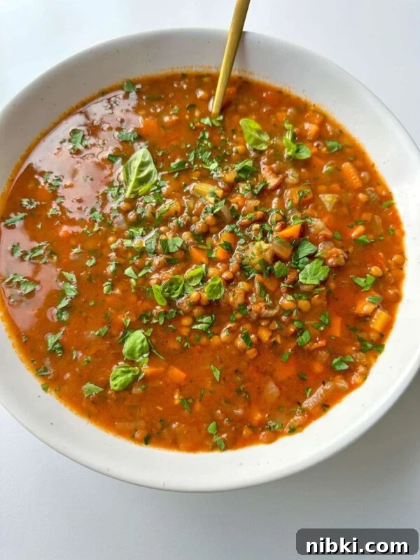 A bowl of hearty lentil soup with chopped vegetables and fresh herbs.