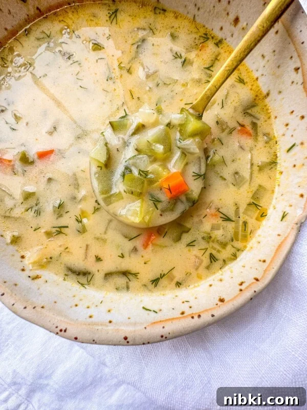 A close-up of creamy dill pickle soup with vegetables and herbs.