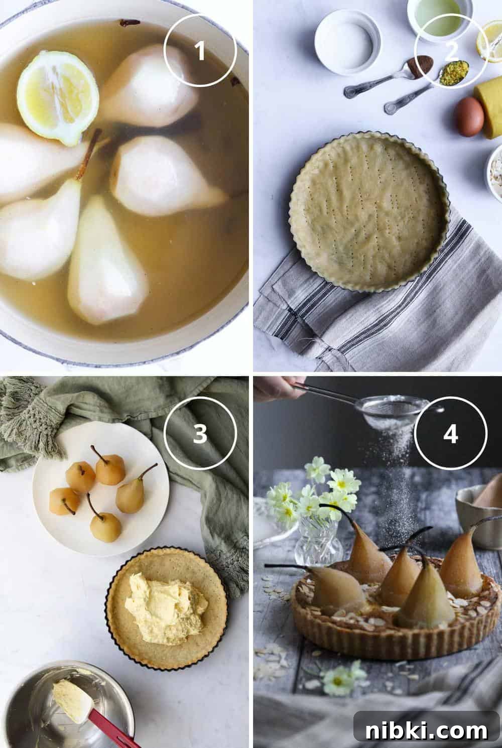 Poached Pear and Almond Tart Recipe 3 Four steps to making French pear almond tart with poaching the pears, making the tart shell, filling the shell with almond cream, and finished tart being dusted with sugar.
