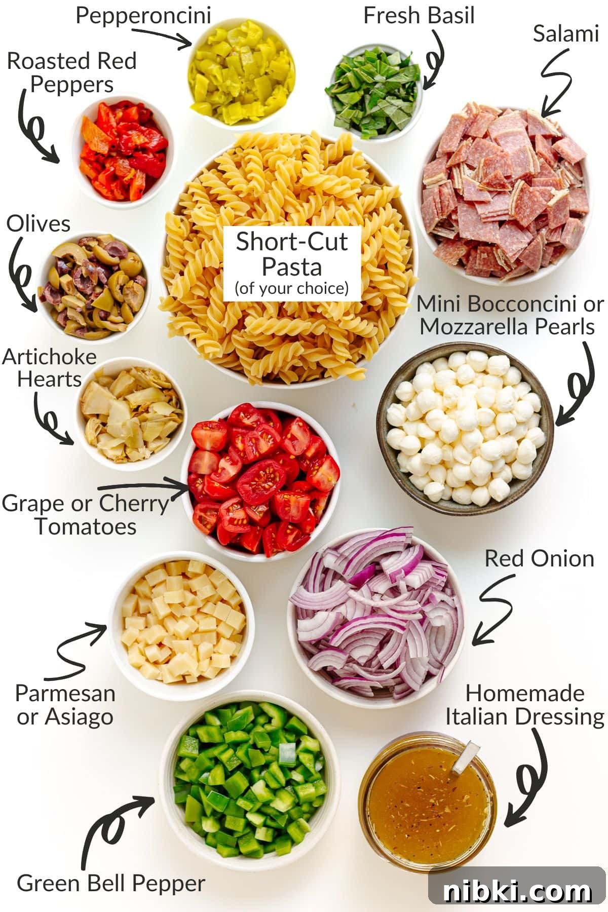 Antipasto Pasta Salad Recipe with Zesty Italian Dressing 4 Labelled photo of ingredients for antipasto pasta salad.