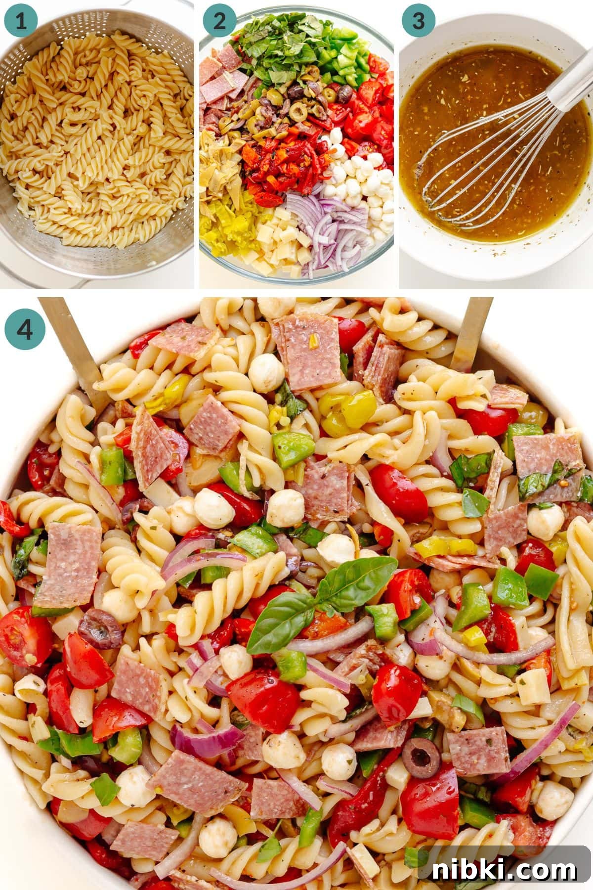 Antipasto Pasta Salad Recipe with Zesty Italian Dressing 5 Numbered photo collage graphic showing how to make Italian Antipasto Pasta Salad.