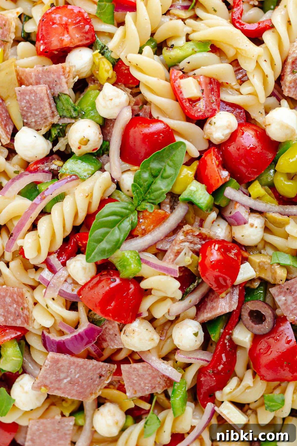 Antipasto Pasta Salad Recipe with Zesty Italian Dressing 6 Closeup of Italian antipasto pasta salad.