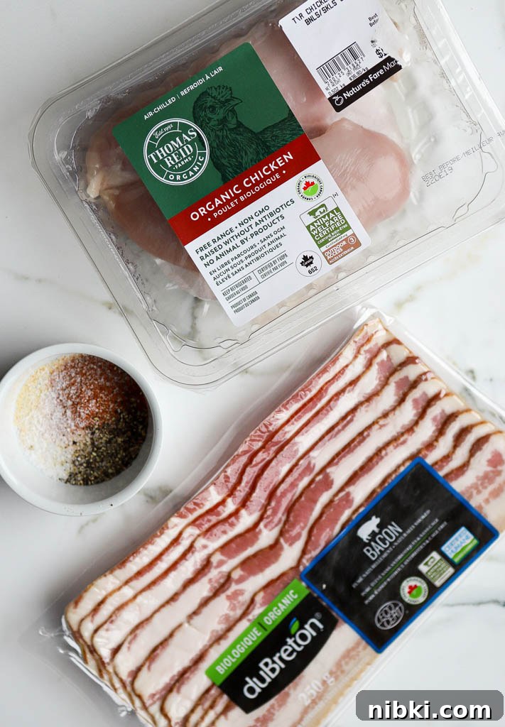 Air Fryer Bacon-Wrapped Chicken Breast: Crispy and Juicy 4 top down view of pieces of bacon and raw chicken