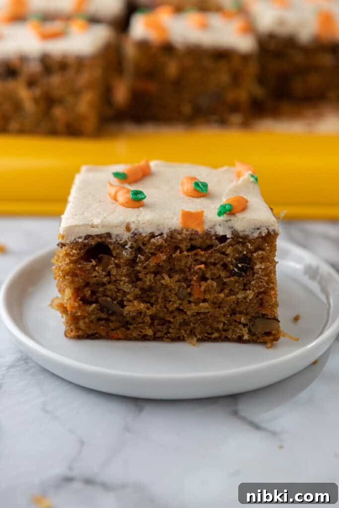 Moist Carrot Sheet Cake Recipe (9x13 Pan) 2 Close-up of carrot sheet cake slice showing moist texture and walnuts
