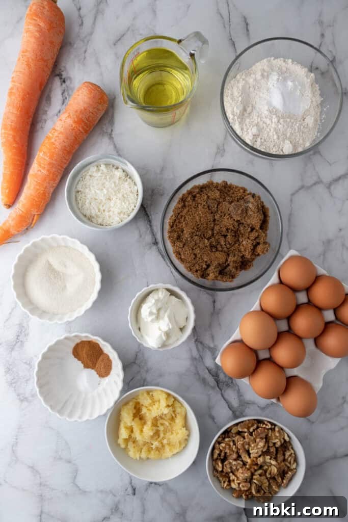 Moist Carrot Sheet Cake Recipe (9x13 Pan) 3 Ingredients for carrot cake sheet cake including shredded carrots, pineapple, walnuts, flour, eggs, and oil